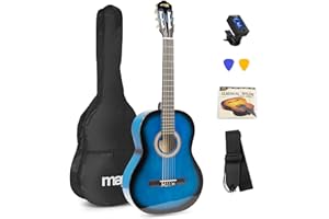 MAX SoloArt - Chitarra classica con corde in nylon per principianti adulti - chitarra fenicottero, con custodia, accordatore, plettro e accessori - chitarra spagnola 4/4 blu