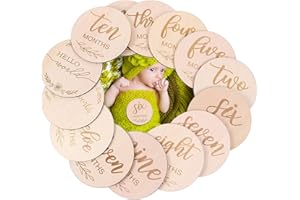 SacJkt Carte etape bebe, Cartes étapes bébé en bois, lot de 12 magnifiques jalons ronds en bois gravés double face, excellent cadeau pour la naissance et les fêtes prénatales