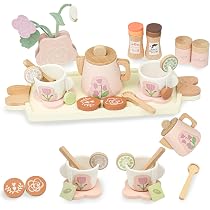 AOLEVA Service à Thé Jouets Dinette en Bois Enfant Accessoire Cuisine Enfant ave Plateau, Jouets en Bois pour 3 4 5 Ans Cadeau pour Enfants Filles Garçons