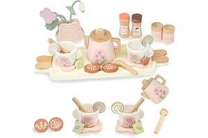 AolKee Teeservice Kinder Holz, Küchenzubehör Kinder Holz, Rollenspiel Spielzeug, Tee Party Set, Rosa, Geschenke für 3 4 5 Jahre alte Kleinkinder