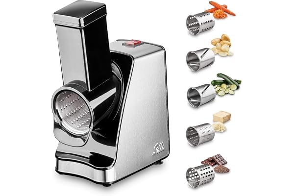 Solis Slice & More 8401 Coupe-légumes Électrique, Polyvalent, Trancheuse en Spirale, Râpe à Légumes avec 5 Tambours de Coupe, en Acier Inoxydable/Plastique, 350 W, Argenté/Noir