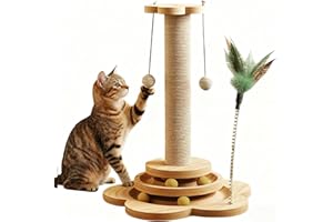 LengSuaa Cat Scratching Post, Multi-Functional Stable Indoor Kitty Scratcher with Sisal Rope Ball, Interactive Track for Cat Exercise, Spring Loaded Feather Teaser for Fun