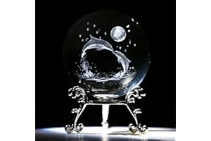 HDCRYSTALGIFTS 60 mm Delfine Kristall Dekorative Kugel Briefbeschwerer 3D Laser geätzt Meerestiere Figur Glas Vollkugel mit Ständer, klar
