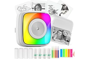 HUIJUKEJI Mini Stampante Fotografica,Stampante Termica,immagine per foto, stampa di ricevute,stampante fotografica,con 10 rotoli di carta 1 adesivo per smartphone, per Fotografica Note Elenco Memo (LED White)