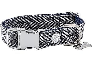 HUGO & HUDSON Tweed Dog Collar, Adjustable Quick Release Safety Metal Buckle, Navy Herringbone, M