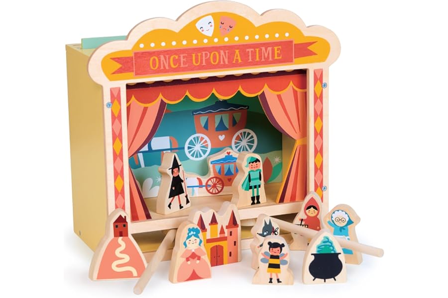 Mentari Wooden Tabletop Puppet Theatre - Fairytale Puppet Stand with Magnetic Wooden Puppets and Props! 4 Different Backdrops and Magnetic Sticks Bring Any Scene to Life