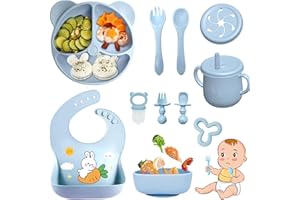 Bizcasa Vajilla Bebe Silicona, 11 Piezas Vajilla de Silicona para Bebés Antideslizante, Con Plato Cuenco Babero Taza, Cubiertos Bebe para comer destete, Sin BPA (Azul)