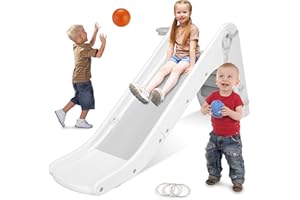 ‎MAMIZO MAMIZO Kinder Rutsche, Fun-Slide mit Basketballkorb, kleine kinderrutsche für 2 Jahre+, & Rutschbahn Rutschauslauf, Babyrutsche Gartenrutsche bis 25KG(Grau-weiß), 190*87.5*45cm, (Ht23)