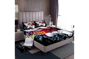 Loussiesd Set di lenzuola con stampa ad acquerello, set di biancheria da letto con gamepad, 3 pezzi, include 1 lenzuolo e 1 lenzuolo piano con 1 federa, morbido singolo