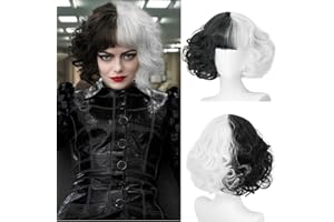 ENENBLAU Perücke für Cruella Deville Kostüm Frauen Halb Schwarz Halb Weiß Kurze Perücken mit Pony für Party Cosplay Faching Halloween Bob Wig AL024