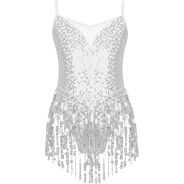YiZYiF Robe De Danse Latine à Sequins Avec Franges Justaucorps Salsa Tango Jazz Performance Costume Blanc M