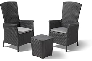 Allibert by Keter Vermont Reclining Balcony Outdoor Garden Furniture Set, Graphite with Grey Cushions