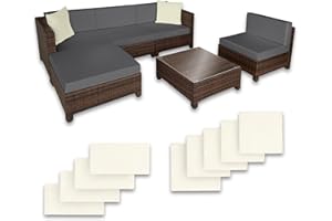 TecTake® Conjunto Jardín de Ratán con Cojines y 2 Juegos de Fundas, Conjunto Terraza Resistente a la Intemperie, Muebles Jardín Exterior 4 Sillones, 1 Mesa, 1 Puf, con Tornillos Acero - Negro/marrón