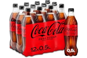‎COCA-COLA Coca-Cola Zero Sugar - koffeinhaltiges Erfrischungsgetränk mit originalem Coca-Cola-Geschmack - null Zucker und ohne Kalorien - in stylischen Einweg Flaschen (12 x 500 ml)