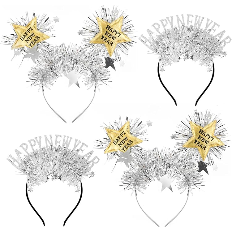 2x Silvester Haarreifen „Happy New Year“ – Gold & Silber Mit Sternen & Lametta | Für 2025 Party