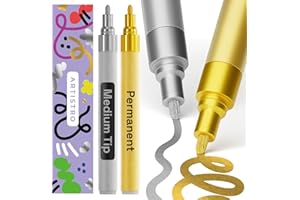 ‎ARTISTRO Artistro Permanent Marker Gold and Silver - Pack of 2 Acrylic Pens - Waterproof Felt Pen with 3 mm Tip, Quick Drying Gloss Paint Marker for Textile, Stone, Ceramic, Glass, Wood, Metal, Cardboard