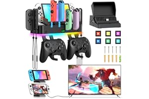 FASTSNAIL RGB Switch TV Docking Station&Wall Mount for Nintendo Switch/OLED & for Joycon, Controller Charging Dock Base with 15 Light Mode & 4 USB Port,Switch Organizer for 10 Card Slots,2 Hooks,4 Wrist Strap