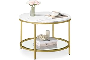 VASAGLE Tavolino da Salotto Rotondo, Tavolino da Caffè, Tavolo con Piano Effetto Marmo, Ripiano in Vetro Temperato, Montaggio Facile, Moderno, Soggiorno, Bianco Marmo e Oro Pallido LCT072W59