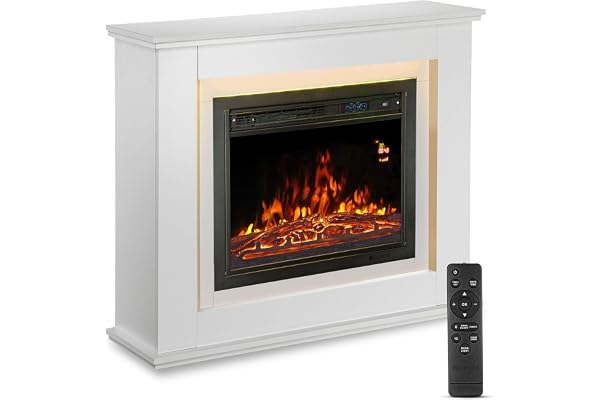 Juskys Cheminée électrique 1000/2000 W avec Chauffage, cheminée, Effet Flamme, télécommande, éclairage LED et minuterie (Blanc)(98x28x81cm)