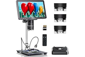 TOMLOV TriL110 3 Lenti Microscopio Digitale 2K HDMI, Lente d'Ingrandimento 2500X per Monete/Saldatura con Schermo IPS da 10,1", Regalo per Adulti e Bambini, 14 Luci LED, Compatibile PC/TV, 64GB