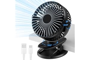 Gofady Clip Fan, USB Rechargeable, 360° Rotation 3 Speeds Desk Fan, Portable Stroller Table Fan, Quiet Battery Cooling Fan for Camping, Bed, Traveling, Pram, Office, Car (Black)