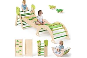HELANGEL Triangle Climbing Frame for Kids, 7 in 1 Foldable Montessori Toy Wooden Climbing Triangle,Indoor Climbing Frame Set Wooden Climbing Toy with Ramp and Arch Climbing Triangle (Dinosaur green)