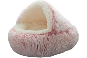 ZvoanSem Calming Round Dog Beds &Cat Cave Bed with Hooded Cover,Plush Fluffy Dog Bed Anti-Anxiety Cat Cave Bed,Waterproof Bottom Washable (Pink, 25.6X 25.6inch)