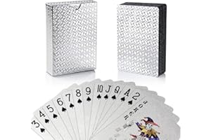 joyoldelf Jeux de Cartes Poker, Jeu Carte en PVC Étanche Feuille d'or avec La Boîte-Cadeau, Jeu de Cartes 54 Parfait pour La Fête et Le Jeu (Argent)