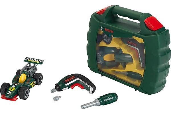 Theo Klein 8395 Mallette Bosch Grand Prix avec visseuse électronique Ixolino II et Tournevis - Voiture de Course à Monter et démonter - Dimensions : 32 x 9 x 26 cm - pour Enfants à partir de 3 Ans
