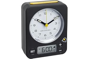 TFA Dostmann Combo Analog Wecker, 60.1511.01.07, mit Funkuhr, mit digitaler Alarmeinstellung, geräuschlose Tasten, schwarz-gelb,L 90 x B 40 x H 115 mm