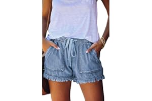 HVEPUO Short d'été, large, pour femmes, en coton et lin, avec ceinture élastique
