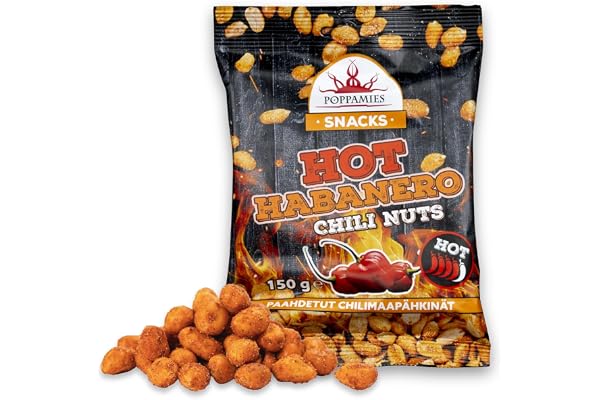 Poppamies Het Habanero Chili-jordnötter – Kryddstarka jordnötter är ett utmärkt val som mellanmål. Glutenfritt, Laktosfritt, Vegan - Starkhetsgrad: Stark - 150 g