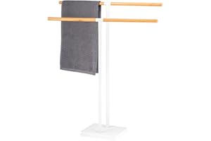 eluno Toallero de pie Independiente, 2 Barras, toallero, bambú/Metal (Blanco)
