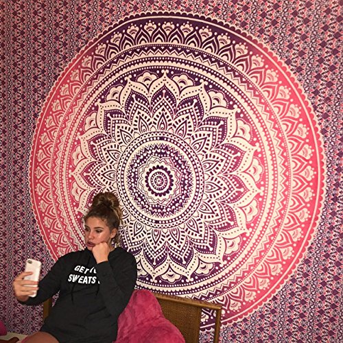 Psychedelischer Wandteppich im indischen Stil / Hippie-Stil / Bohemien-Stil, Ombre-Mandala-Motiv, Violett-Pink, Größe: Twin-Size-Large - 2