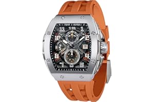 TSAR BOMBA Montre Homme Montre de Luxe Etanche 50M Tonneau Analogique Chronometre Squelette Carrée Grand Cadran Plongee Sport Montres Mouvement Japonais Bracelet Silicone Miroir Saphir Lumineux