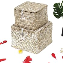 Lot De 2 Paniers Rectangulaires En Jonc De Mer Avec Couvercle - Rangement Naturel Pour Maison - Décoration Style Nordique - 11