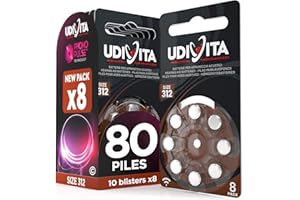 80 Piles Auditives Taille 312 Udivita PR41 (Marron) Zinc-Air Hearing Evolution - 10 Blisters de 8 Piles