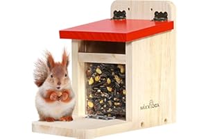 MIXXIDEA Eichhörnchen-Futterspender für den Außenbereich, Holz, Eichhörnchen-Futterstation mit grüner Abdeckung, einfach zu befüllen, Eichhörnchen-Futterhaus (rot, 1 Stück)