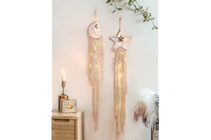 Nice Dream Acchiappasogni Macramè, Decorazione da appendere alla parete Boho con LED, Luna Stella decorazioni per la casa per la camera da letto