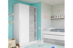 Dmora Guardaroba Moderno a 2 Ante scorrevoli,Armadio per Camera da Letto con 3 Ripiani e Barra Appendiabiti, Cm 120x50h200, Colore Cemento e Bianco, 120x50