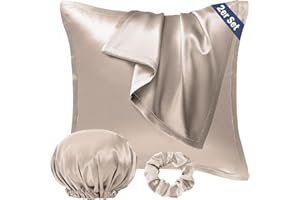 ‎SEIWOHL Seiwohl Satin Kissenbezug 80x80 2er Set, Weich wie Seidenkissenbezug Silk Pillowcase, Vegane Seide Kopfkissenbezug Kissenhülle Haarschutz für die Nacht mit Haargummi und Haarhaube, Taupe