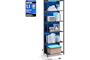 ‎VASAGLE VASAGLE Bücherregal mit 6 Ebenen, Standregal mit Einstellbarer LED-Beleuchtung, Regal mit Stahlrahmen, 30,3 x 60 x 178,6 cm, für Wohnzimmer, Schlafzimmer, Arbeitszimmer, ebenholzschwarz LLS120B57