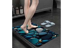 Olnamaro Tapis de Bain Diatomite,Tapis De Bain Antidérapant&Merveilleux Motifs de Pierre en 3D,Tapis de Bain Doux, Absorbant et Séchant Rapidement 80x50cm,Décorer l'ambiance (Bleu, 80x50CM)