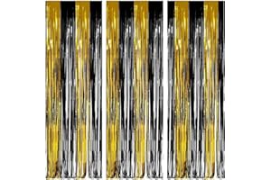 O-Kinee Cortina de Oropel Oro+Negro,Metálica Foil Fringe Cortinas Flecos,3 Piezas Brillante Metálico Cortina Cumpleaños,Aluminio Lamina Cortinas Dorada Fiesta Puerta Ventanas Decoración(1m*2.5m)