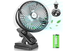 AIDSCI Auto Oscilación Ventilador Pinza, 10000mAh Recargable Ventilador USB Portatil, Mini Ventilador de Mesa Camper con Luz LED, Clip Ventilador con Gancho Pequeño Silencioso de Velocidad Continua, Ø18cm