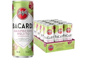 BACARDI BACARDÍ Raspberry Mojito, 5% ABV, 12 x 25cl / 250ml, Ready-To-Drink Pre-Mixed Cocktail Can, Made with BACARDÍ Carta Blanca Rum and Mixed with Lime, Mint and Raspberry