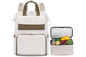 BERTASCHE Lunch Backpack for Women, 15.6 Inch Laptop Backpack with Insulated Cooler Lunch Box, Work Bag for Teacher Nurse Travel College Picnic, Beige