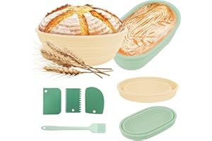 Qivine Paniere a Pain Set, Lot de 2 Silicone Corbeille a Pain Ronds de 22cm et Ovales 24.5cm, Corbeille Pain avec Grattoir et Brosses, Idéal pour la Pâte à Pain au Levain et à la Levure