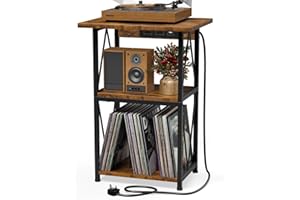 HFHOME 2025 Upgraded Extended Tabletop Record Player Stand with Charging Station, 3 Tier End Table with Vinyl Record Storage, Turntable Stand for Vinyl Player in Living Room Bedroom
