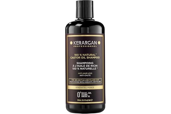 Kerargan - Shampoing Anti-Chute à l'Huile de Ricin - Fortifie & Favorise la Croissance - Cheveux Secs et Cassants - Enrichi en Kératine, Huile d'Argan, Aloe Vera - Sans sulfate, OGM, silicone - 500ml